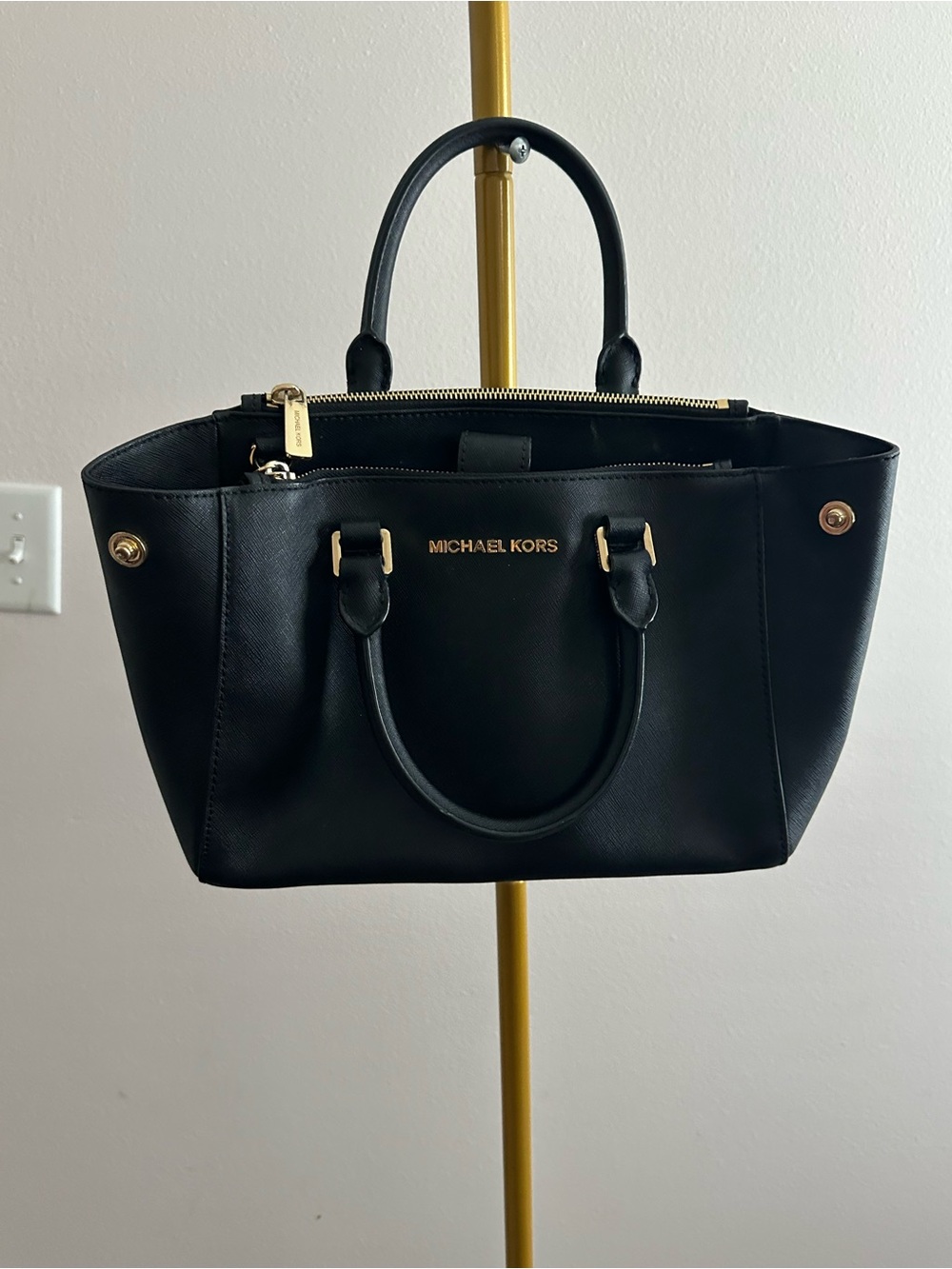 Michael Kors Black Leather Tote with Gold Hardware